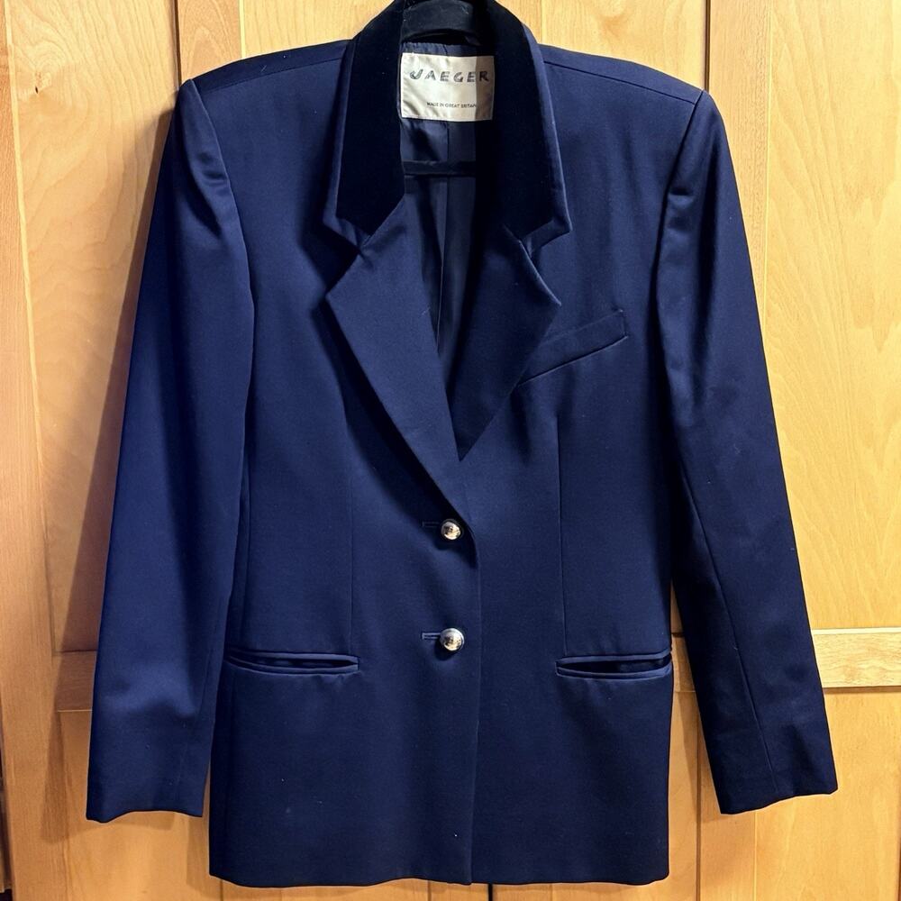 Jaegar Blazer Size 6 Womens Navy Tailored Wool Velvet Collar Silver Buttons